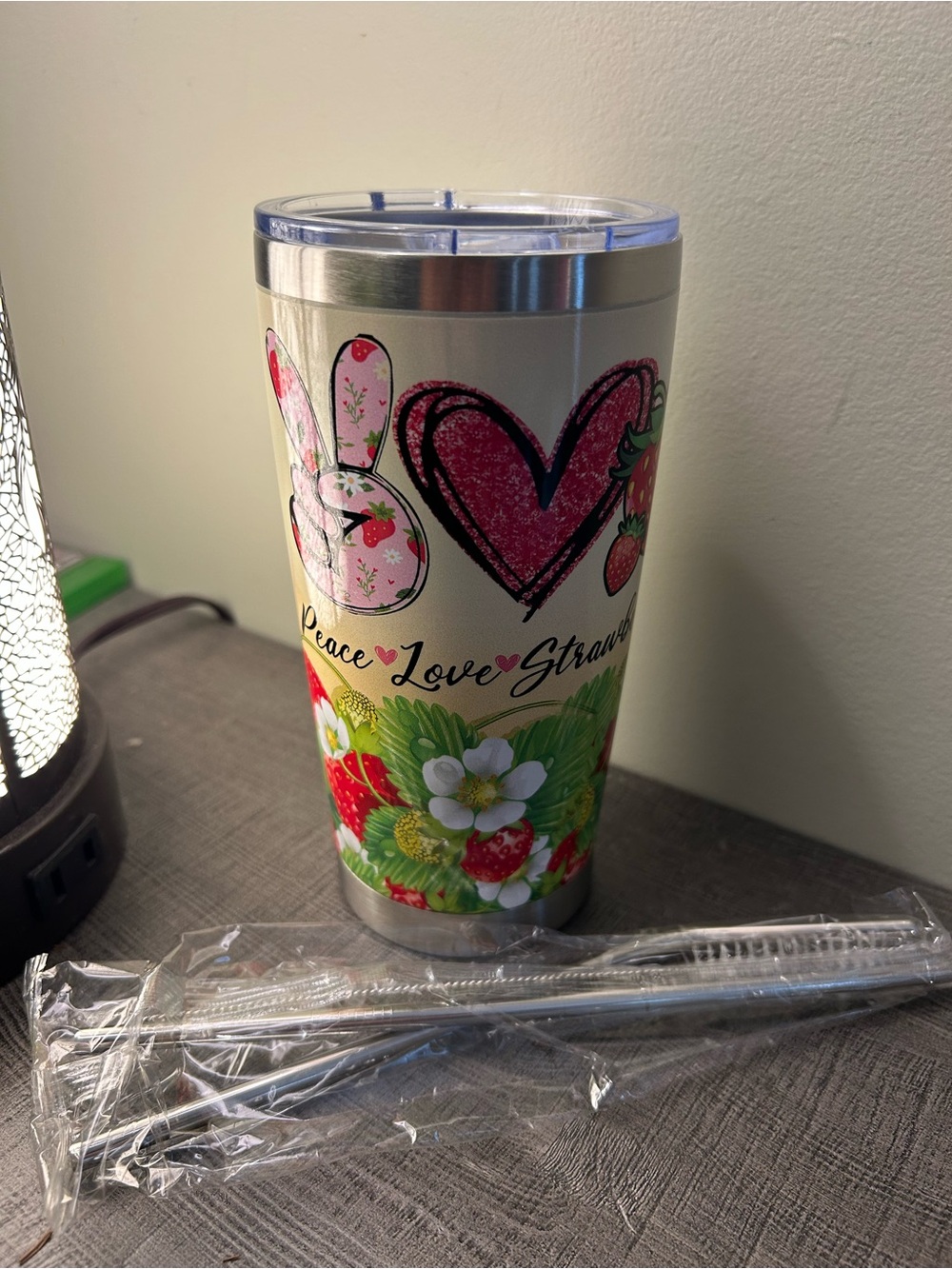 Paper Source White and Pink Strawberry Peace Love Stainless Steel Tumbler